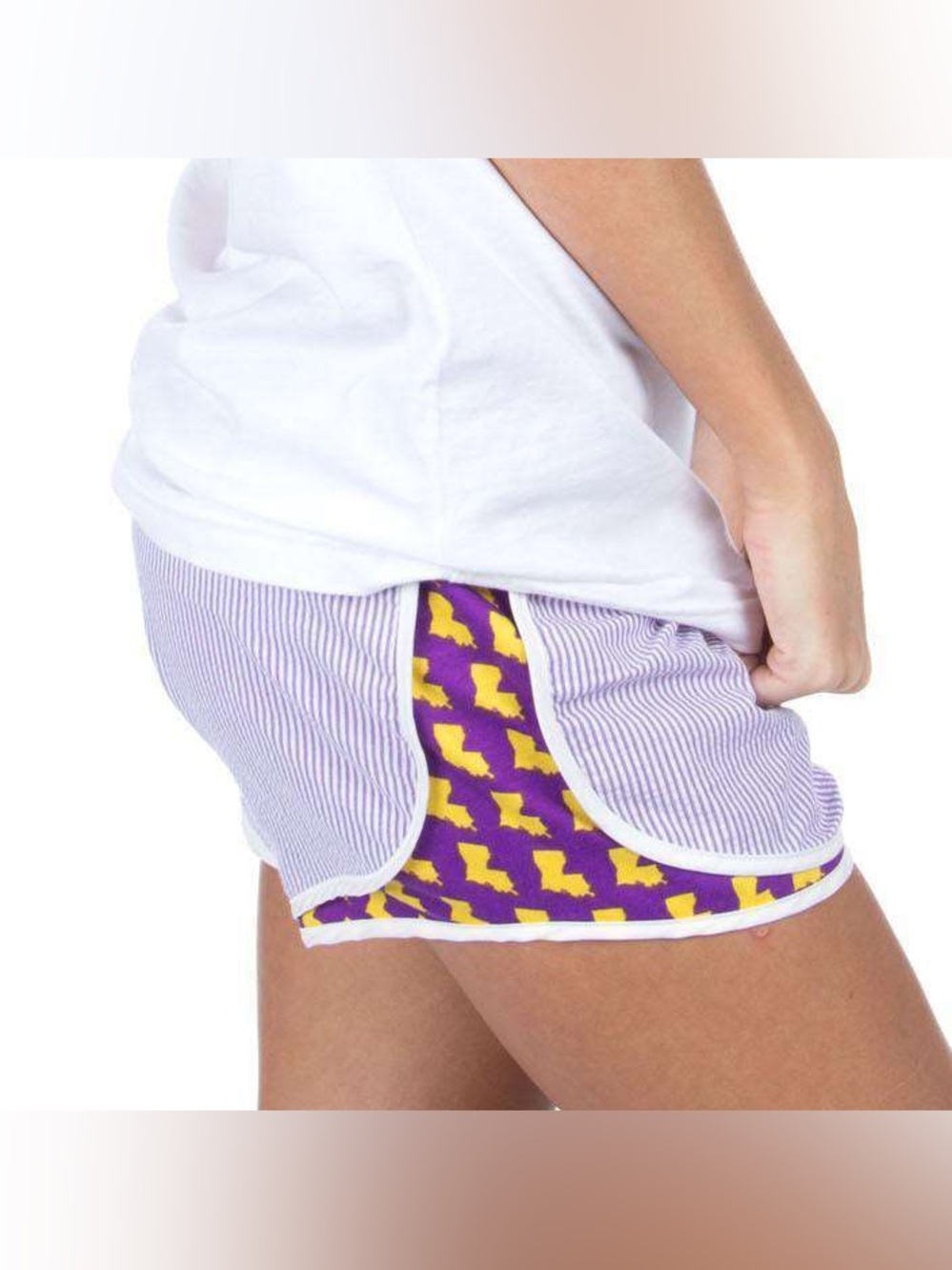 Lavender Striped Seersucker Shorts with Purple & Yellow Panel